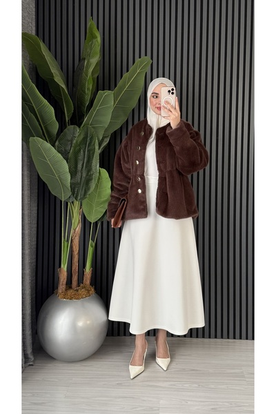 Molly Nelly Kadın Tüylü Gold Düğmeli Şık Mont