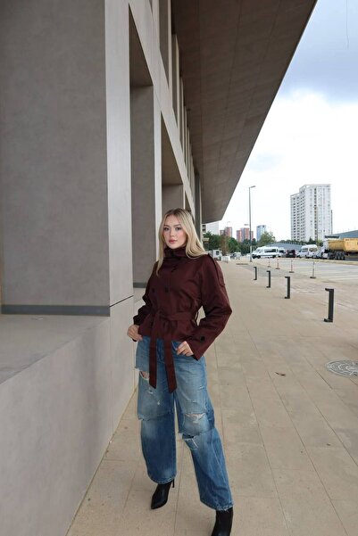 MY DEPO Women's Belted Pocketed Lined Stand Collar Short Trench Coat Jacket