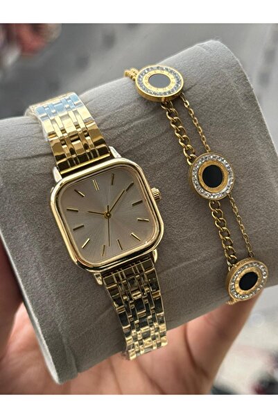 captiva Gold Renk Kare Çelik Kapalı Kordon Kadın Kol Saati Ve Çelik Bileklik