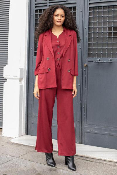 Jument Women's Suede Textured Fabric Collar Capri Sleeve Pocket Flap Blazer Jacket-Burgundy