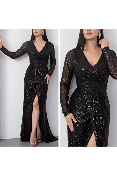 CİXAPLE Slit Long Sleeve Pulpayet Evening Dress