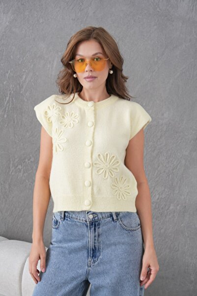 Miss Allos Women's Floral Patterned and Shoulder-Exposing Shoulder Pad Piece Knitwear Cardigan