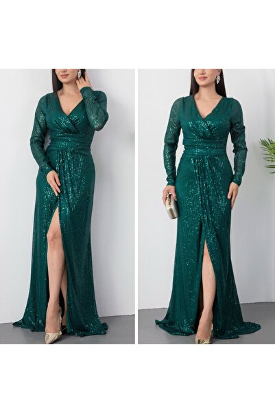 CİXAPLE Slit Long Sleeve Pulpayet Evening Dress