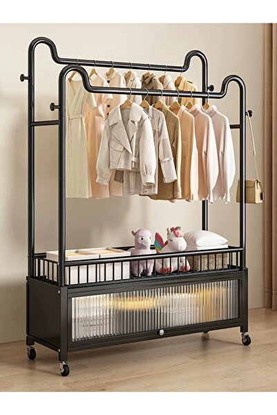 Un علاقة ملابس بتصميم ذكي ووحدة تخزين فخمة بعجلات سهلة الحركة اسود