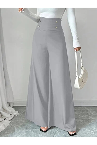 BEFAON Women's High Waist Buttoned Wide Leg Imported Crepe Trousers