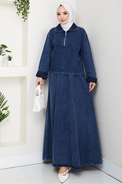 Bestenur Φούστα με φερμουάρ Τουνίκ Τζιν Διπλό Σετ 1643 - Μπλε