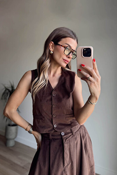 Sue Store Brown Slim F Corded Fabric Vest Skirt Velvet Suit