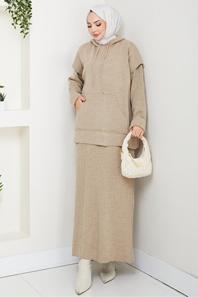 Bestenur Hooded Tunic Dress Knitwear Set 1645 - Stone