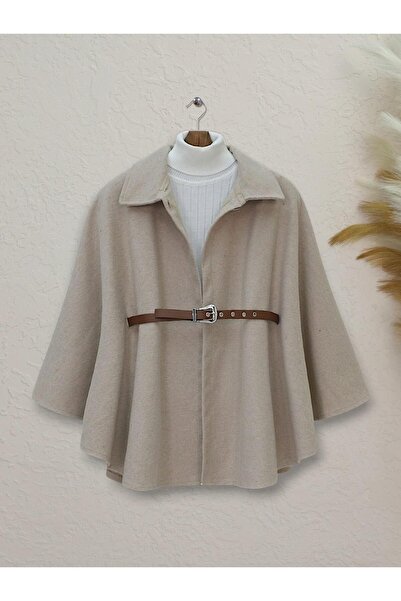 MM Mac Moda Omuzu Düğmeli Beli Kemerli Kaşe Panço