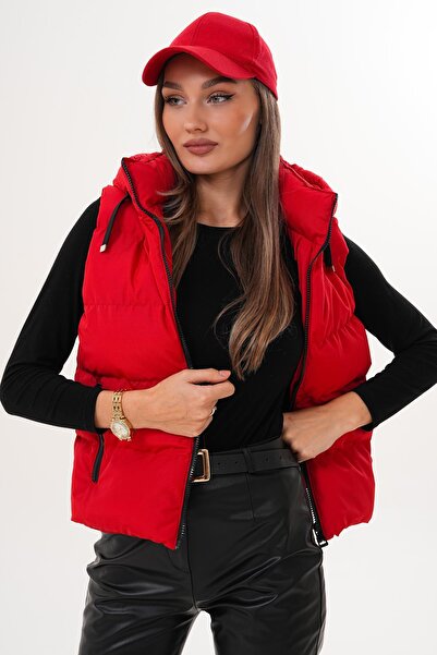 ŞİMAL Γυναικείο φουσκωτό γιλέκο με κουκούλα με φερμουάρ 255378 -