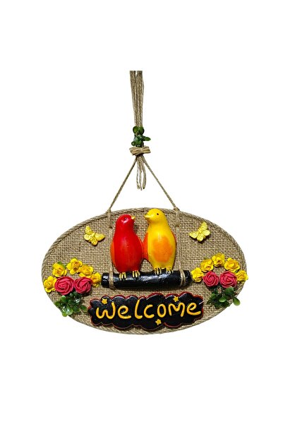 Mixperi Декоративна прикраса для дверей Welcome – жовта червона пташка і квітка, ручна робота з джутової нитки