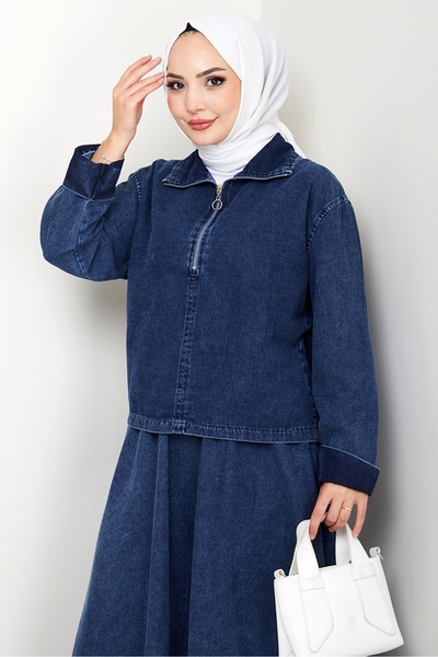 Bestenur Φούστα με φερμουάρ Τουνίκ Τζιν Διπλό Σετ 1643 - Μπλε