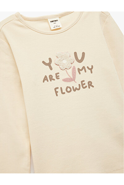 Koton Embroidery Detailed Long Sleeve Crew Neck Cotton T-Shirt