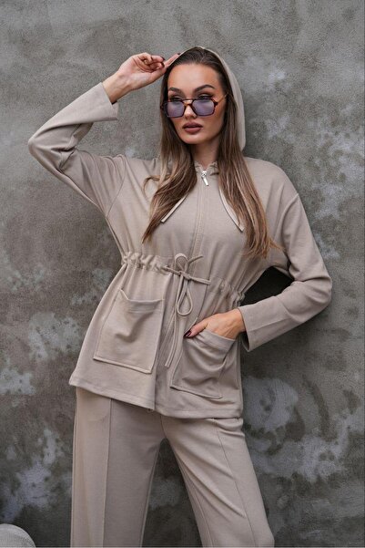 Elaxi Women's Waist Drawstring Pocket Detailed Zippered Modal Two-Piece Set