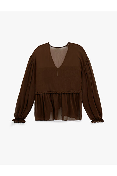 Koton Long Sleeve See-Through V-Neck Ruffle Detail Front Tie-Up Tulle Blouse