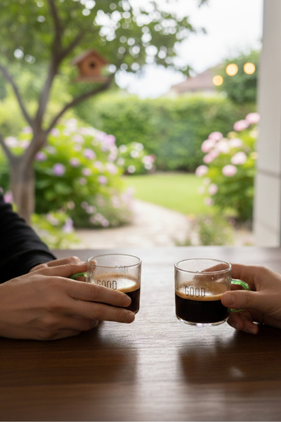 Vienev Set of 6 Glass Espresso Cups with Colorful Handles and Good Morning Written on Them - 95 ml