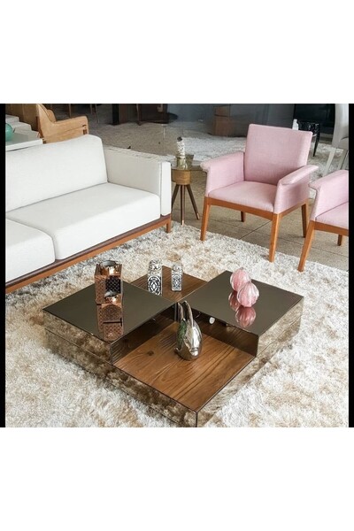 LUXURY VİLLA LUXURY BRONZ AYNALI TEKERLEKLİ ORTA SEHPA 90X90 YÜKSEKLİK 28CM