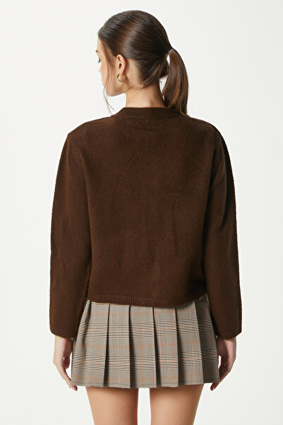 Ritnice Women's Nina Crew Neck Brown Basic Cardigan