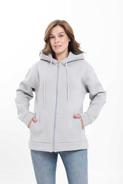Tight Lady Kalın Dokulu Puf 3 iplik Kanguru Cepli Kapüşonlu Fermuarlı içi Polarlı Kadın Sweatshirt Hırka