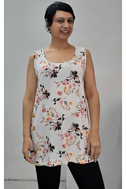 Mertcan Butik Cream Floral Print Thick Strap Combed Viscose T-Shirt