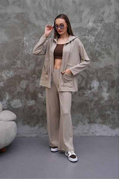 Elaxi Women's Waist Drawstring Pocket Detailed Zippered Modal Two-Piece Set