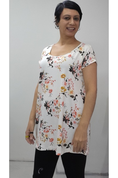 Mertcan Butik Cream Floral Print Size Fits All Low Sleeve Combed Viscose T-Shirt