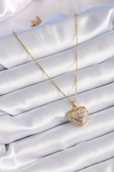 Skygo 316L Steel Gold Color Zircon Stone Heart Model Vintage Women's Necklace - Tj-Bko9325