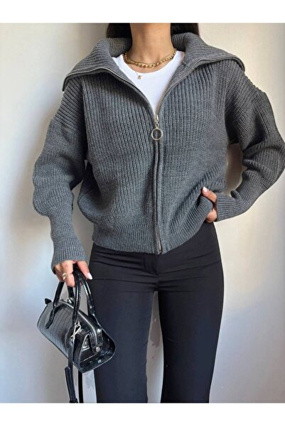 Nopen Knitwear Kadın Antrasit Devrik Yaka Fermuarlı Triko Hırka