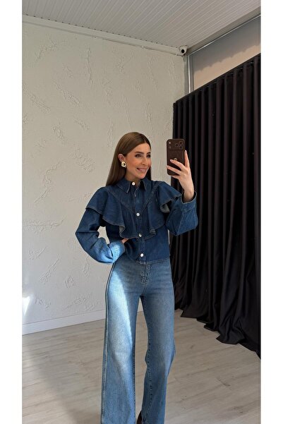 elif teke Fırfırlı Denim Gömlek Mavi