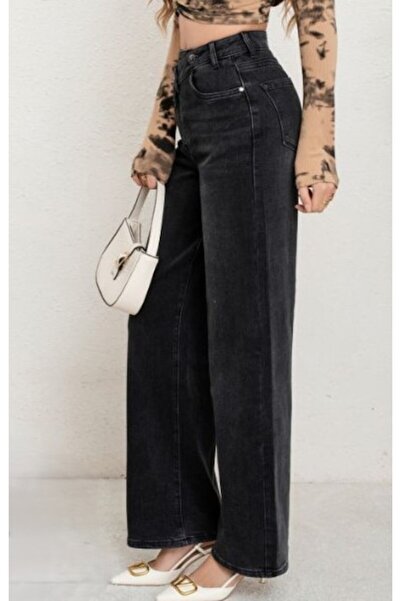 OEM Women's Black Wide-Leg High-Waist Jeans with Double-Button Asymmetric Closure, Size W27