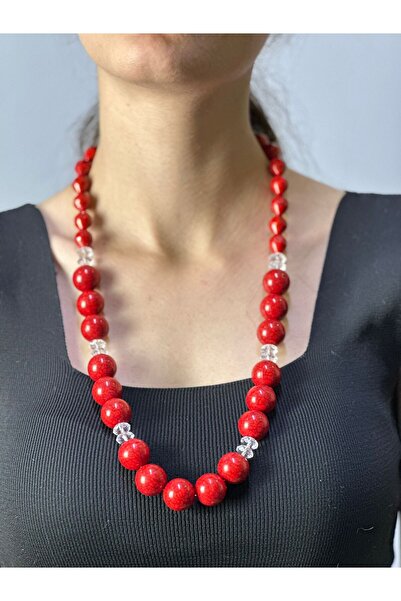 Gönülden Tasarım Red Bamboo Beaded Women's Necklace 32 cm
