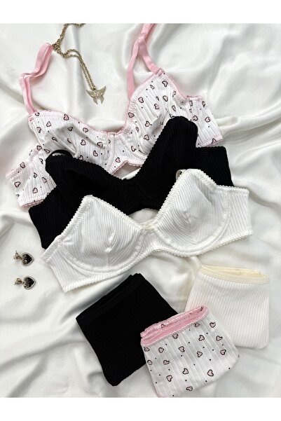 İNKO İÇ GİYİM 3 Colorful Underwire Patterned Cotton Bra Set