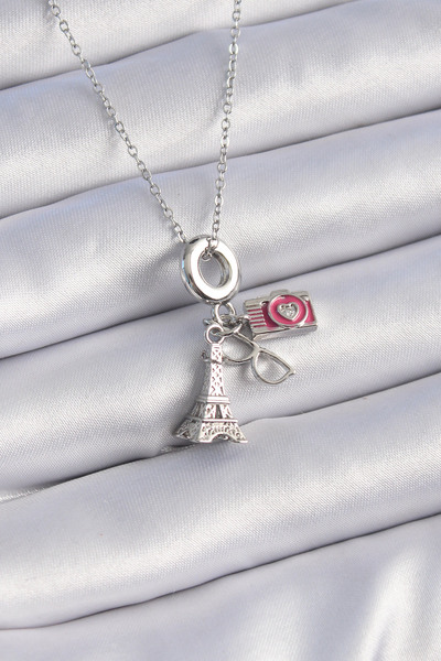 Skygo 316L الصلب الفضة اللون برج ايفل كاميرا نموذج سحر قلادة المرأة - TJ-BKO9307