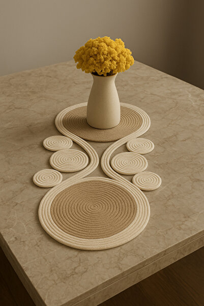 odiyo Doğal Jüt, Krem Renkli Desenli, Hasır, Amerikan Servis, Masa, Sehpa Örtüsü Runner. 30x80