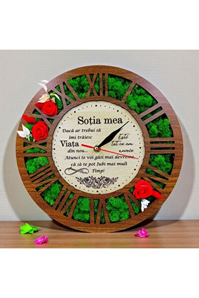 OEM Wall clock decorated with stabilized lichens, personalized message for wife, 30 cm, walnut wood