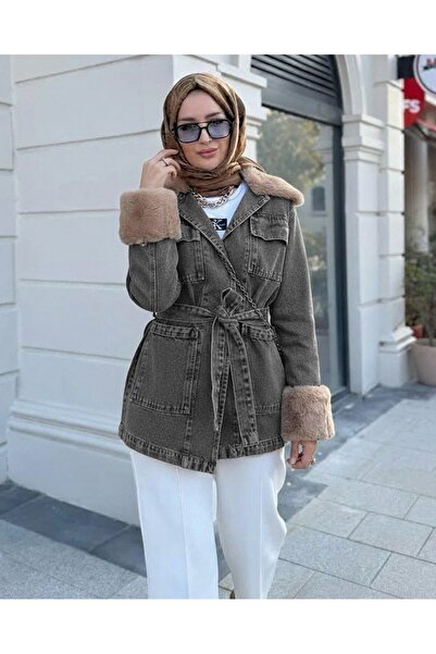 Modamorfo Denim Jacket with Fur Collar and Sleeves, Tie-Up Front with Pockets - Smoked