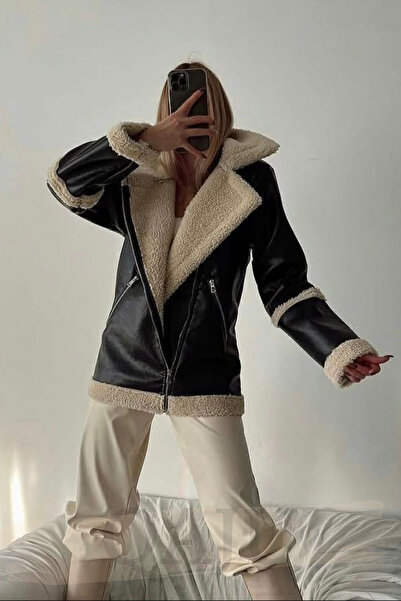 Qaju Women's Faux Leather Fur Detailed Coat