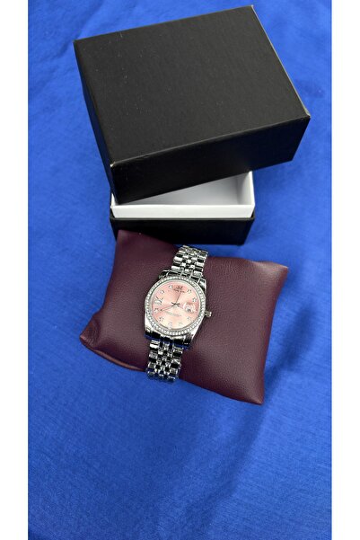 Show Time Romantik Pembe Kadran Taşlı Çerçeveli Takvimli Kadın Kol Saati - Gümüş Metal Kordon - Özel Kutusunda