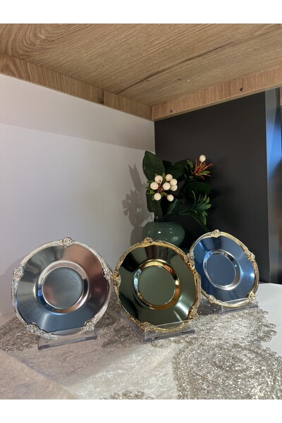 zaTen Pazar 6 Adet Çelik Gül Şerit Detaylı Çay Tabağı