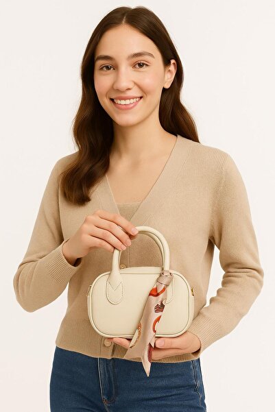 Global Şal Detaylı Mini Krem El ve Omuz Çantası – Trend Kombin Tamamlayıcısı