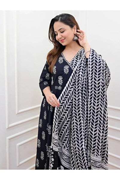 MYSMAR Black Cotton Salwaar Kameez Dupatta - ALV1090 | Black