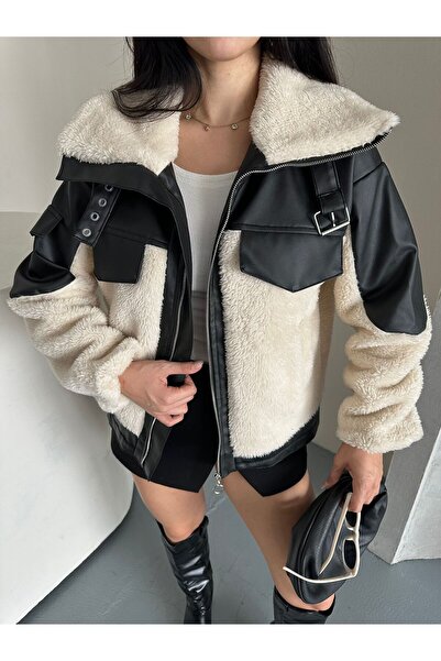 Captival Women's Leather Paneled Plush Coat