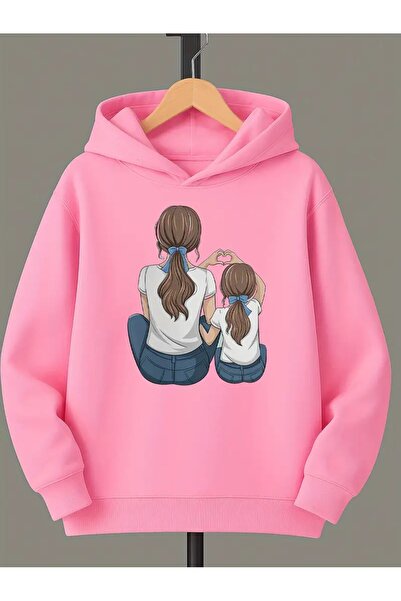 oneagılyazı سويت شيرت بغطاء رأس منقوشة بتفاصيل قلب الأم والابنة