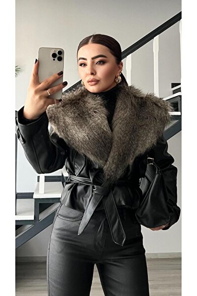 Oslove Black Premium Fur Collar Leather Coat