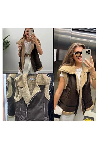 MODA Yakası içi kürklü oversize kalıp nubuk düşük kol yelek