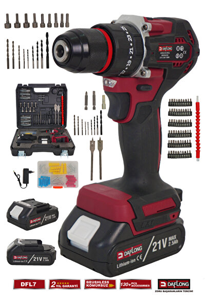 DAFLONG PRO 21V 130+ PARÇA ÇİFT AKÜLÜ ÇELİK MANDREN KÖMÜRSÜZ DARBELİ ŞARJLI MATKAP VİDALAMA DFL-7