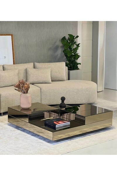 LUXURY VİLLA LUXURY KOMPLE BRONZ AYNALI TEKERLEKLİ ORTA SEHPA 90X90 YÜKSEKLİK...