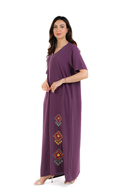 amaan Women's Traditional Embroidered Jalabiya, Cotton Rayon V-Neck Maxi Dress, Geometric Pattern,