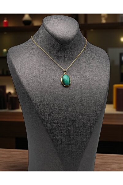 Taş-Mir Çelik Zincirli Malahit Taşı Doğal Taş Kolye 45 Cm