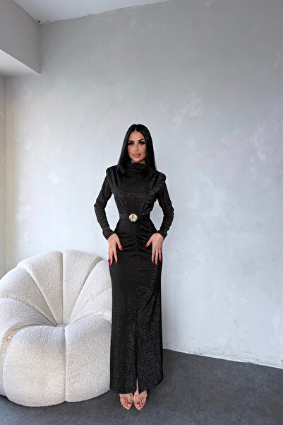 LİLA İSTANBUL Bisiklet Yaka Simli Vatkalı Kemerli Siyah Elbise